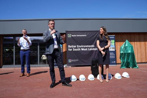 Simon Hogg, Leader of Wandsworth Council, and Dr Rosena Allin-Khan, MP for Tooting, giving a speech with a sign language interpreter in the background