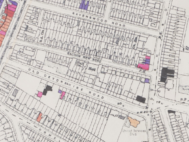 Figure 7: Extract from the London City Council's Bomb Damage Map (1945). A colour-coded key was used to categorise the level of damage: black = total destruction; purple = damage beyond repair; dark pink = seriously damaged but repairable at cost; orange = general blast damage