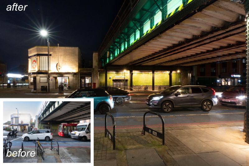 Balham station rail bridge before and after lighting improvements