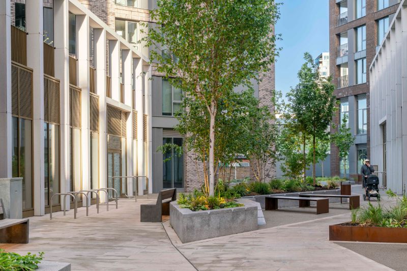 Buildings and landscaping in New Acres development in Wandsworth Town