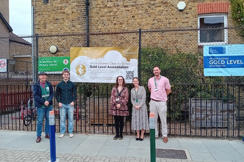 Councillor Paul White with air quality representatives at St Boniface School