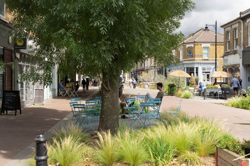 Old York Road with seating and planting